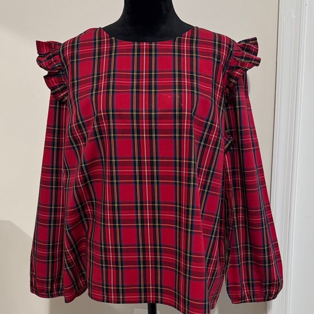 J. Crew Factory Red Plaid Ruffle-Shoulder Blouse